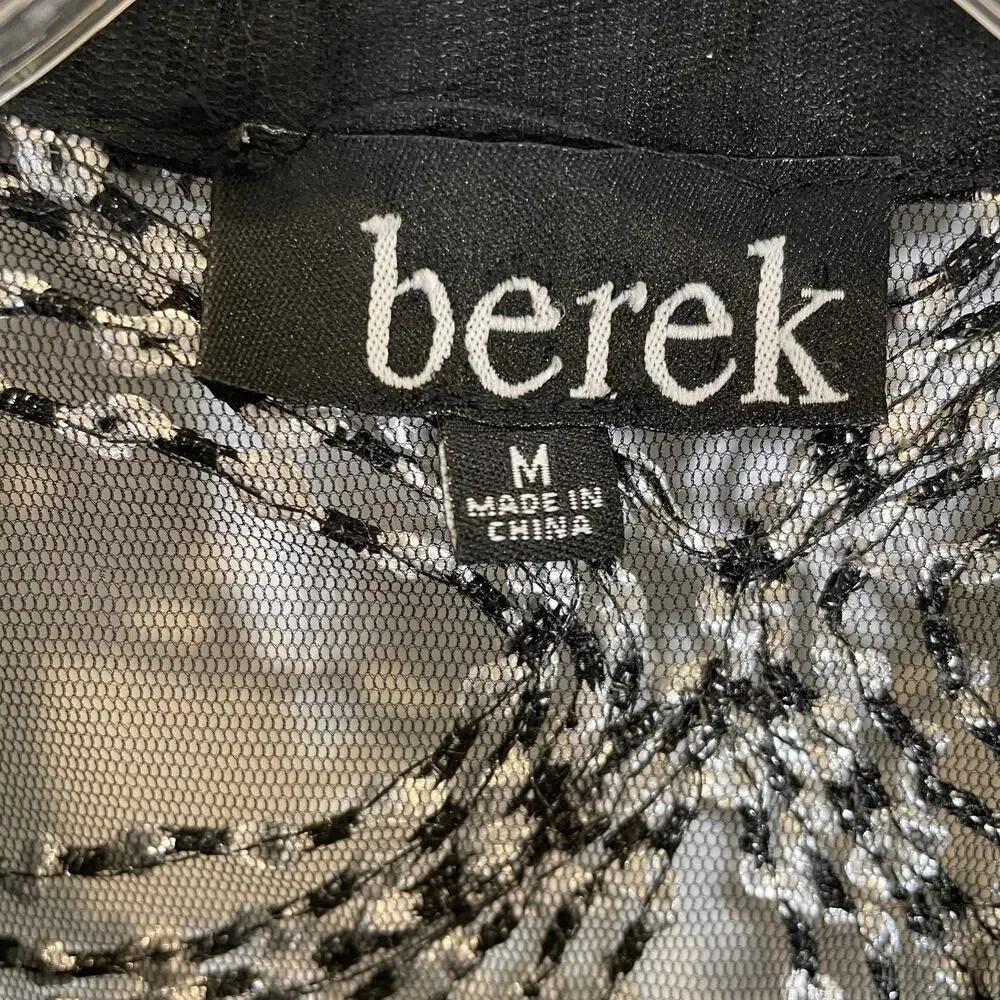 Berek Artsy Jacket Embroidered Sheer Mesh Black White Ruched Sleeves‎ M